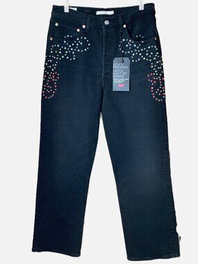 LEVI'S Premium Ribcage Straight Ankle Jeans Black Studded Embellished 30